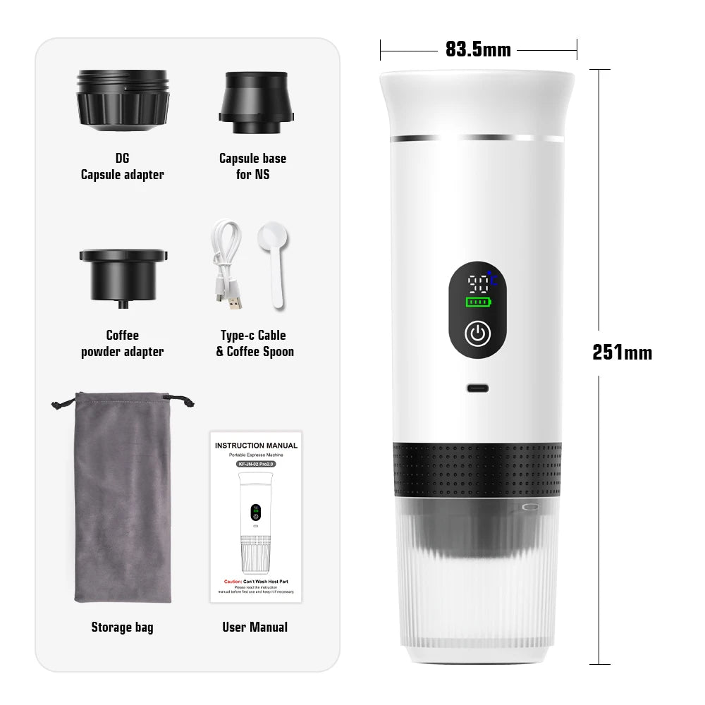 DENOKIN Portable Espresso Coffee Machine With Digital Display 3-in-1 Capsule Coffee Maker for Car & Home Camping Coffee Maker